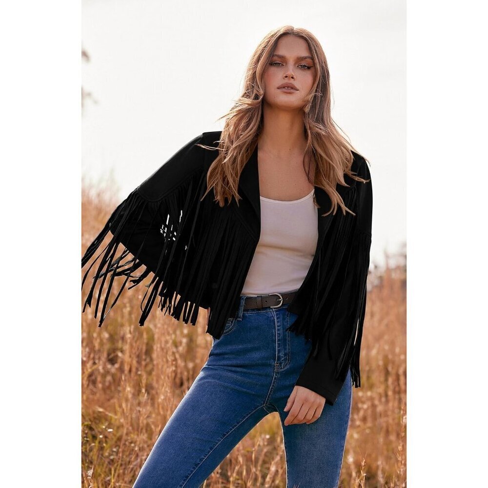 Women's Black Fringe Faux Suede Leather Tassel Motorcycle Cropped Jackets - Picture 8 of 9